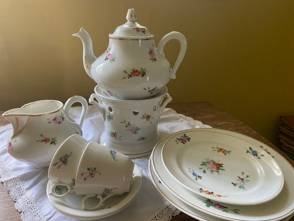 Handgeschilderd Biedermeier thee servies met theelicht, Ophalen of Verzenden