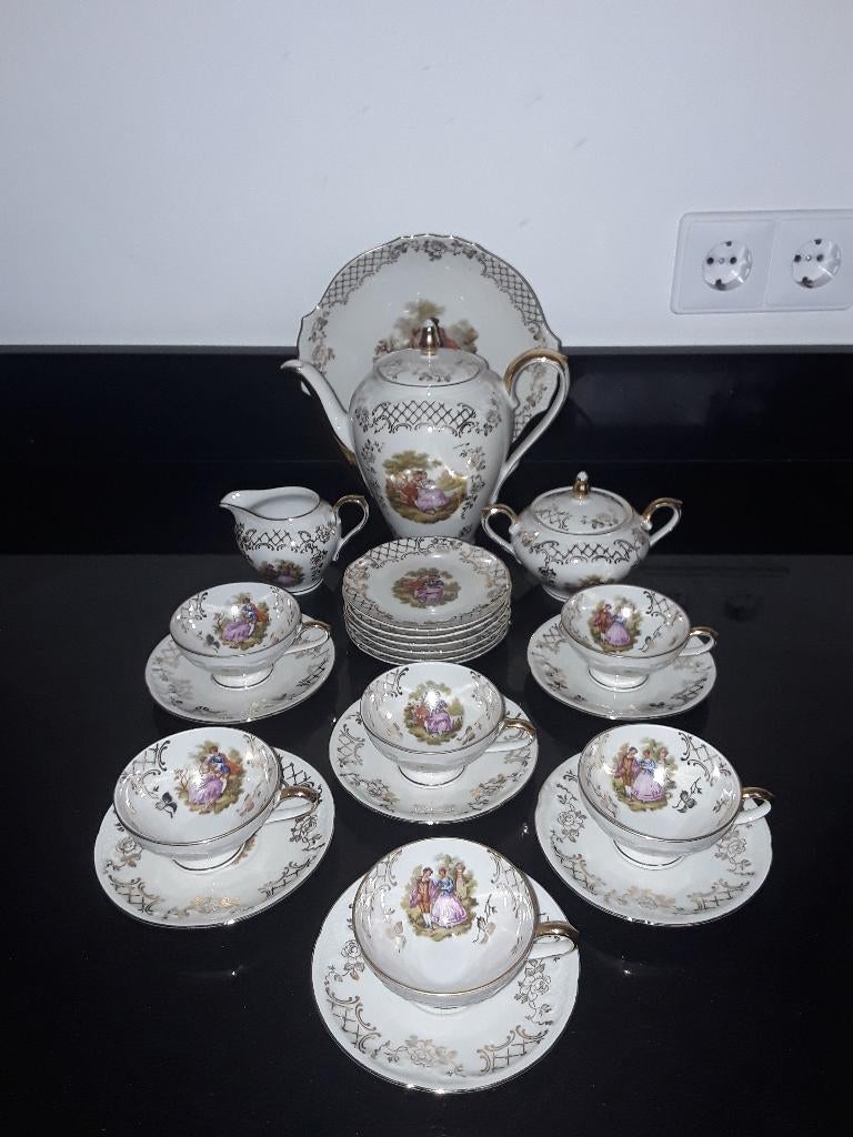 Antiek barok theeservies incl petit fourstel met limogeprent, Verzenden
