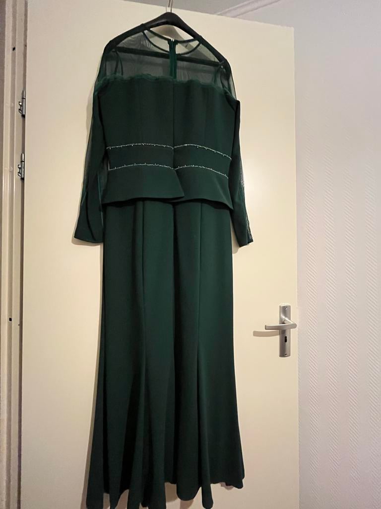 Elegante donkergroene galajurk met transparante mouwen, Maat 38/40 (M), Galajurk, Ophalen of Verzenden, Zo goed als nieuw