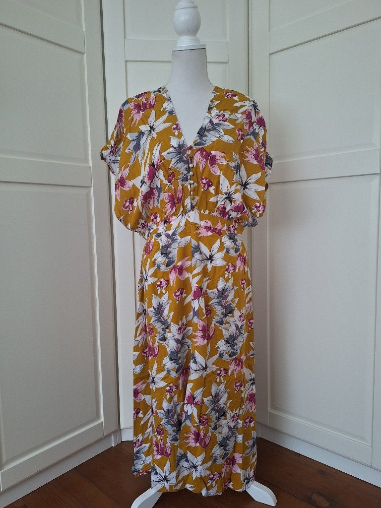 Even & Odd oker gele floral midi jurk, maat L (of kleine XL), Geel, Maat 42/44 (L), Ophalen of Verzenden, Gedragen