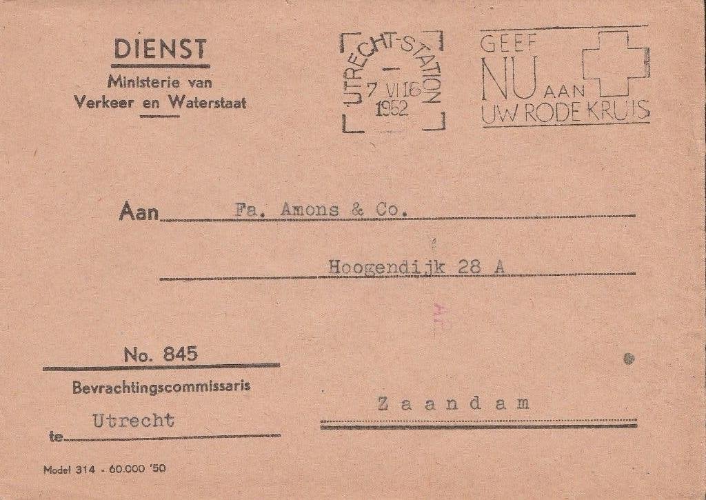 UTRECHT 1952 Dienstenvelop Min. VERKEER en WATERSTAAT, Verzamelen, Ophalen of Verzenden, Voor 1920, Gelopen, Utrecht
