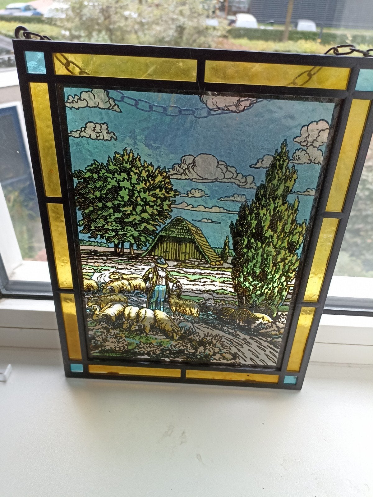 Glas-in-lood plaatje: Herder met schapen (22 x 27,5 cm), Ophalen of Verzenden
