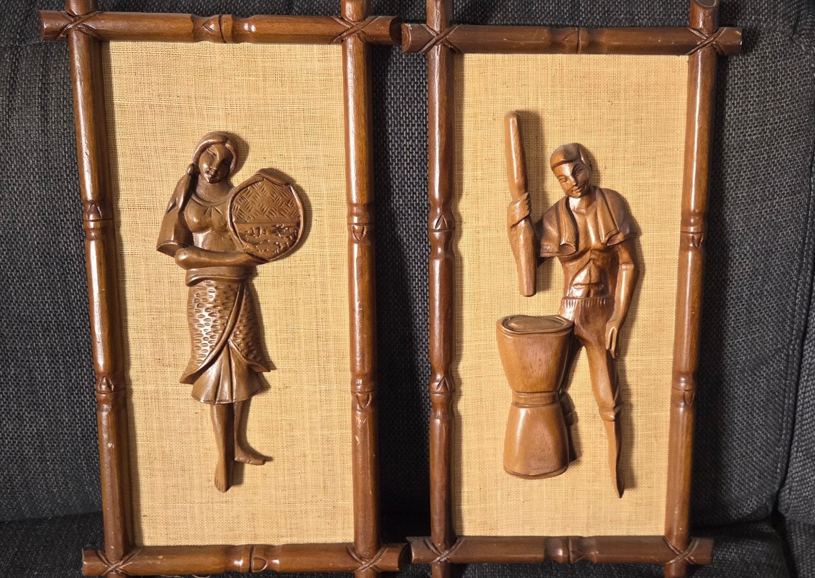 2 Vintage Houten Wandpanelen - Man en Vrouw (49x27cm), Antiek en Kunst, Kunst | Beelden en Houtsnijwerken, Ophalen of Verzenden