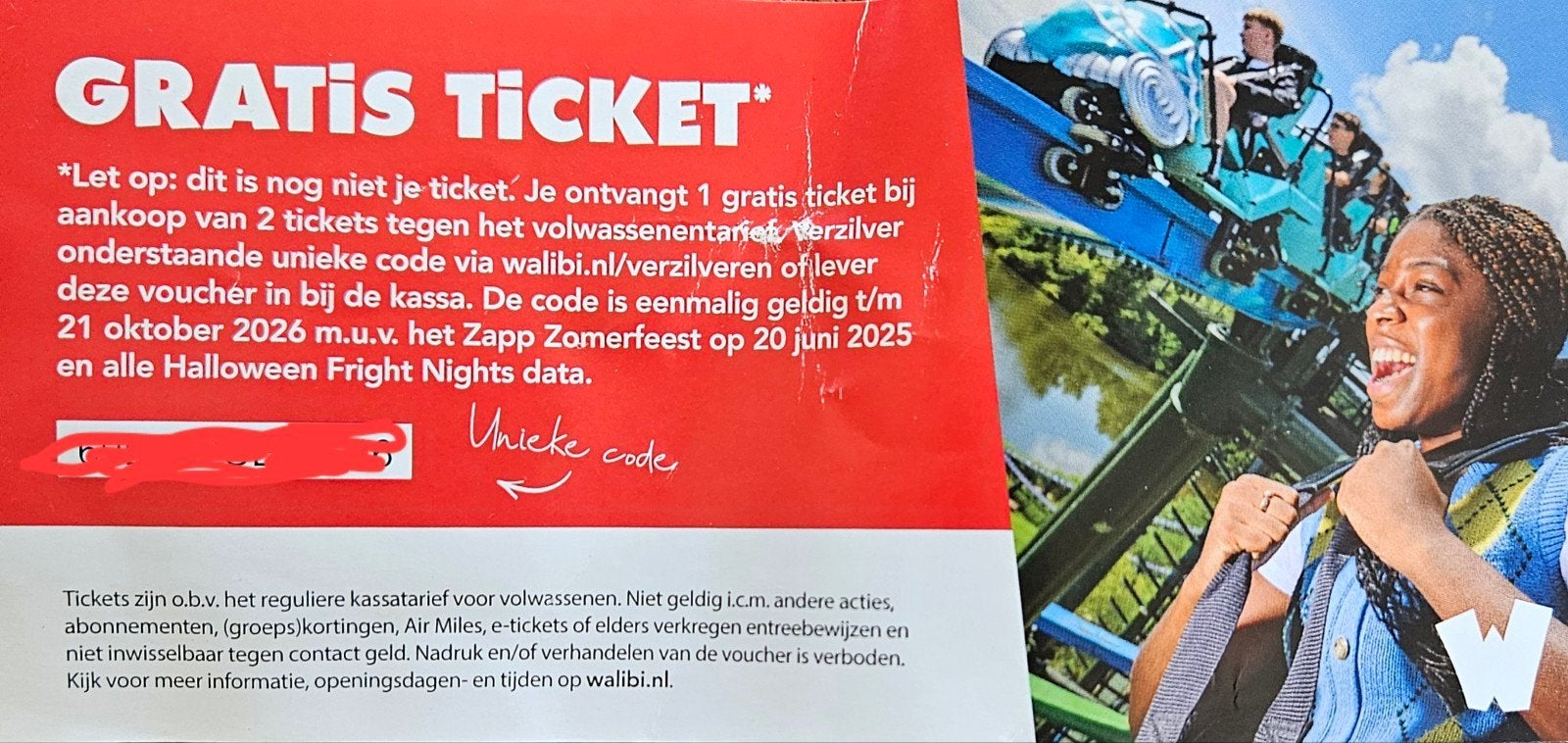 Walibi voucher, 1 gratis ticket bij aankoop van 2 tickets., Eén persoon, Ticket of Toegangskaart