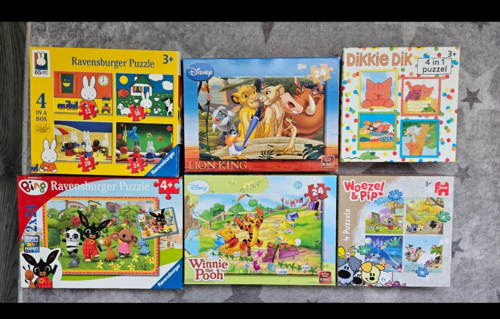6 kinderpuzzels: Ravensburger, Disney, Dikkie Dik, Woezel &, Kinderen en Baby's, Speelgoed | Kinderpuzzels, Ophalen, 10 tot 50 stukjes