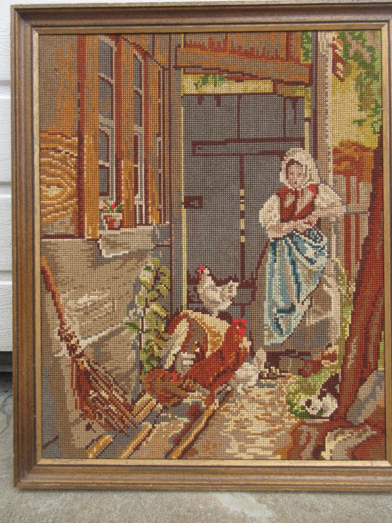 Vintage geborduurd schilderij boerderij kippen borduurwerk, Huis en Inrichting, Woonaccessoires | Schilderijen, Tekeningen en Foto's