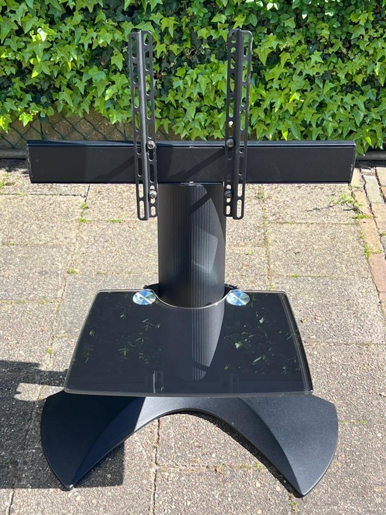 Zwarte metalen tv standaard met glasplaat, Audio, Tv en Foto, Televisiebeugels, Ophalen, Zo goed als nieuw