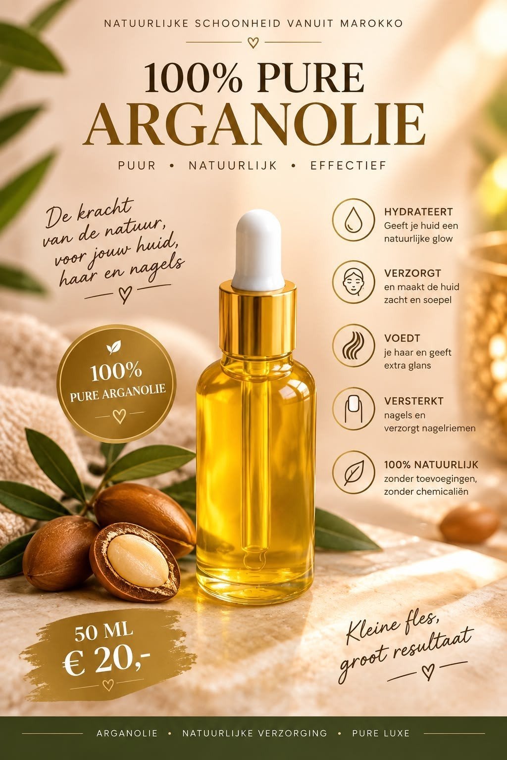 100% Pure Arganolie uit Marokko voor Haar & Huid, Ophalen of Verzenden, Nieuw, Bodylotion, Crème of Olie