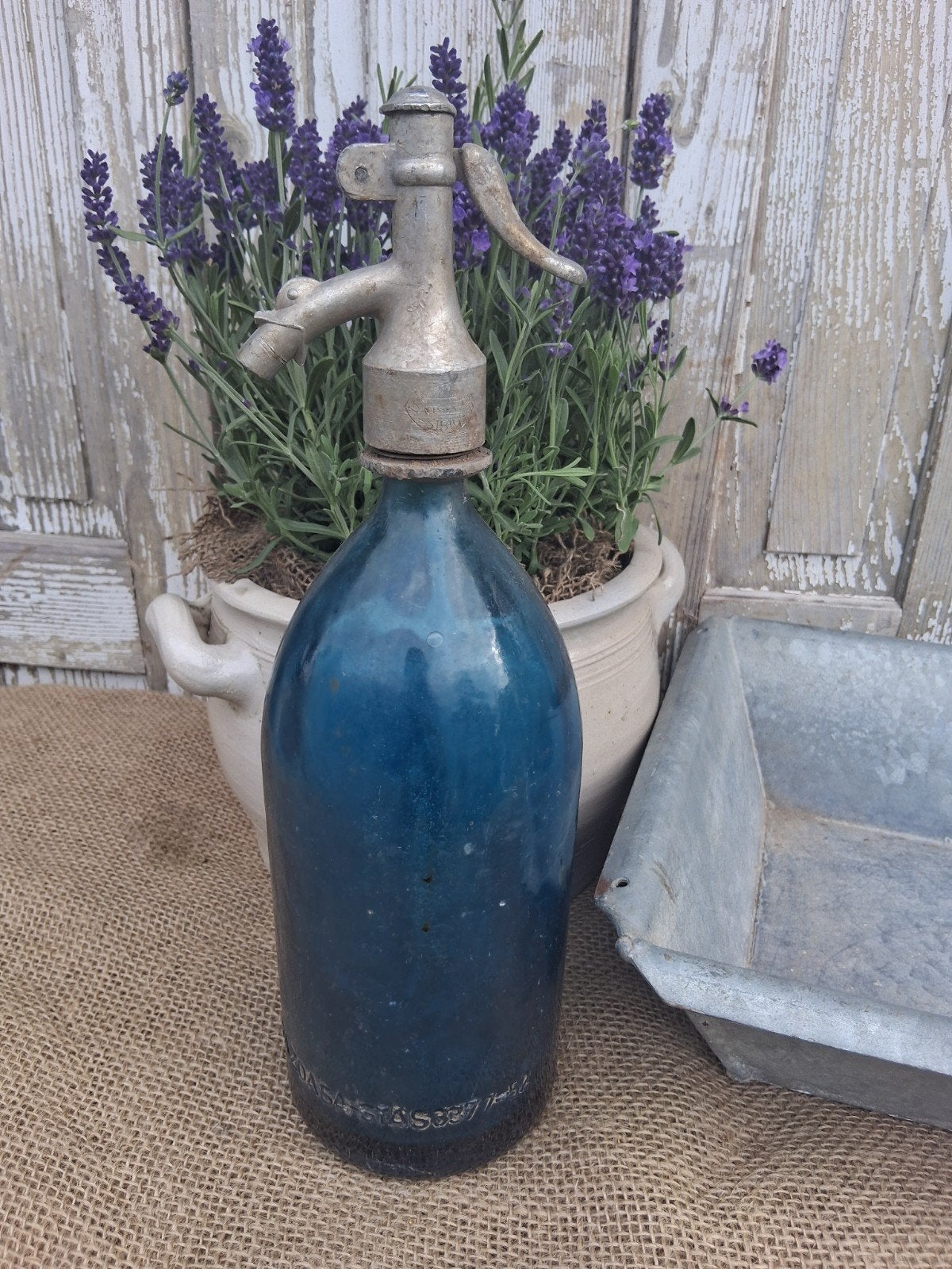 Oude blauwe spuitfles, brocante - Debrocantekip, Antiek en Kunst, Ophalen of Verzenden