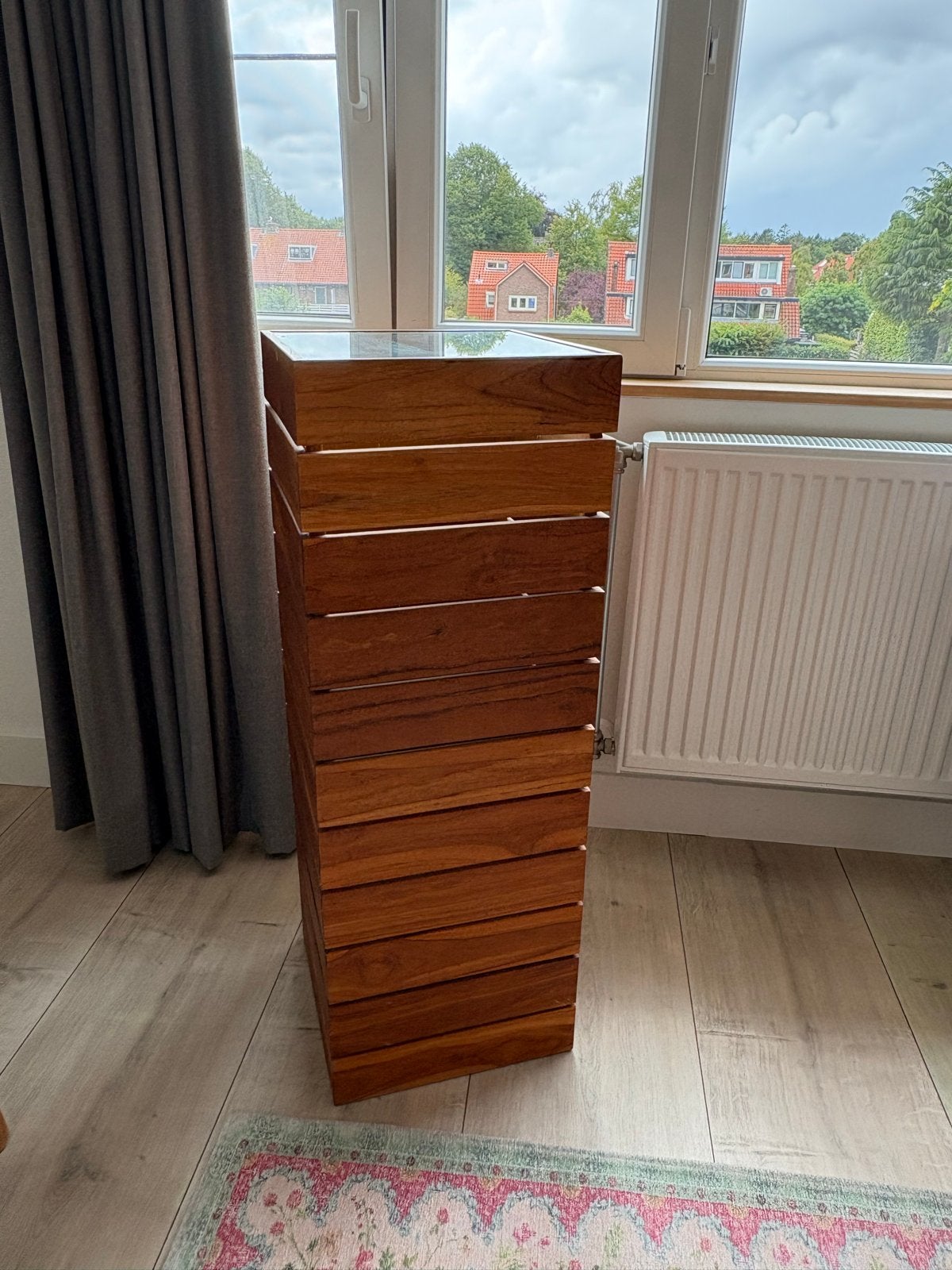 Teak houten pilaar met glazen plaat - 35x35x98cm, Ophalen, Gebruikt