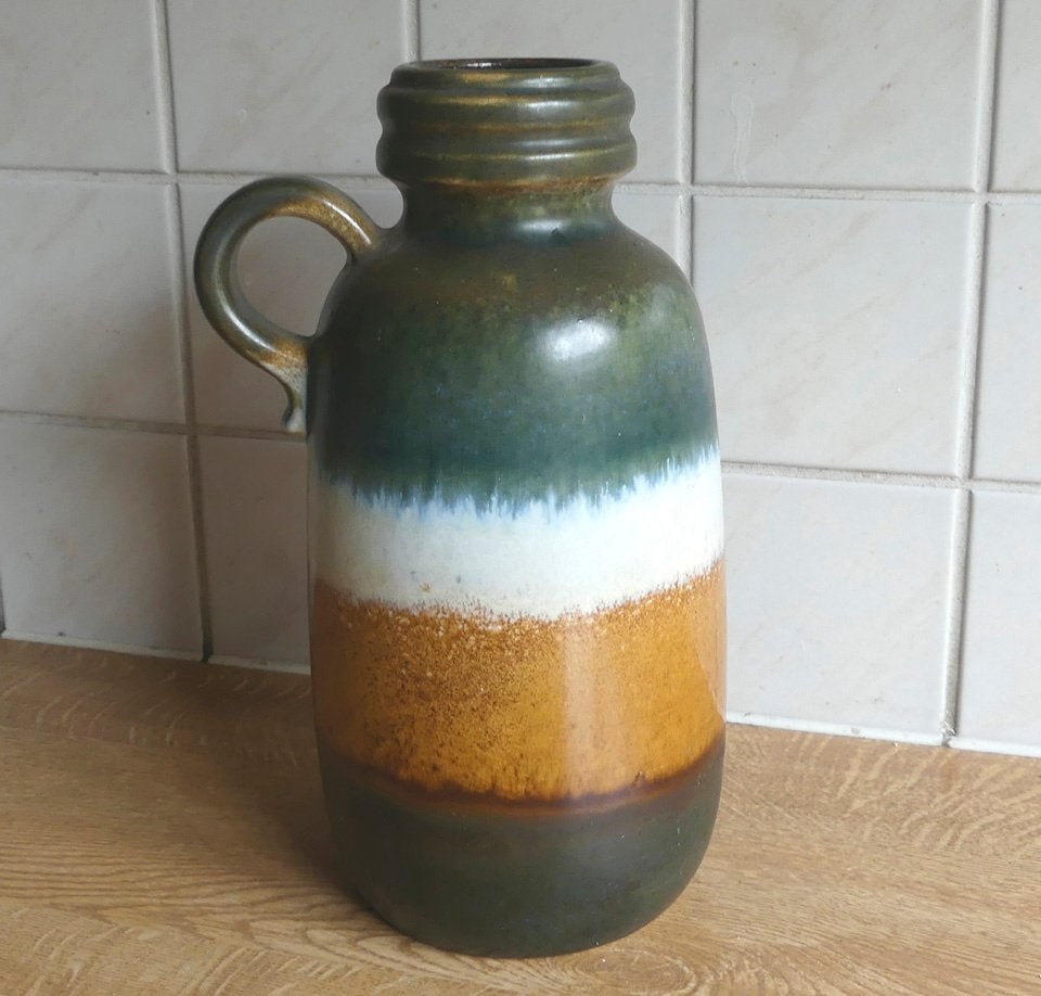 Scheurich vintage vaas 413-26 groen oker wit West-Germany, 26 cm, Gebruikt, Ophalen of Verzenden, Matte afwerking