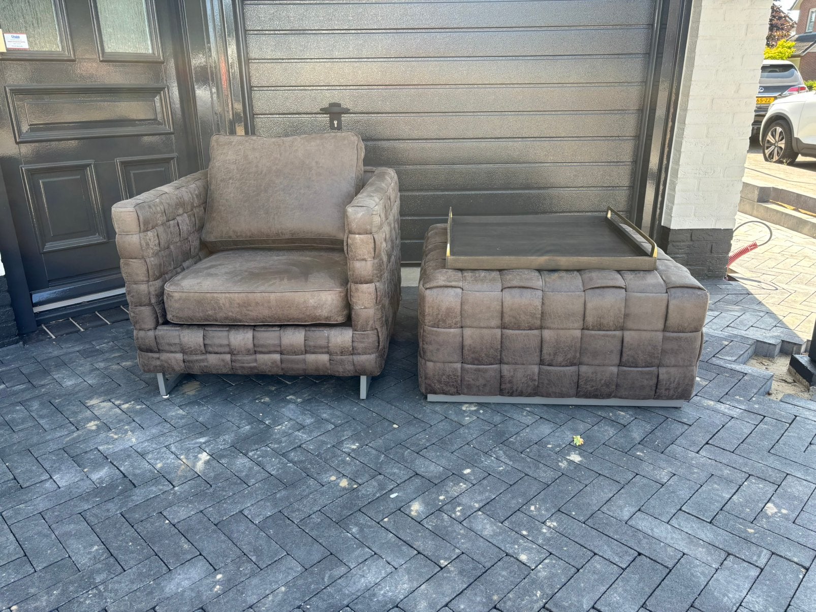 Riviera Maison fauteuil en poef, Ophalen, Zo goed als nieuw, 75 tot 100 cm, Leer