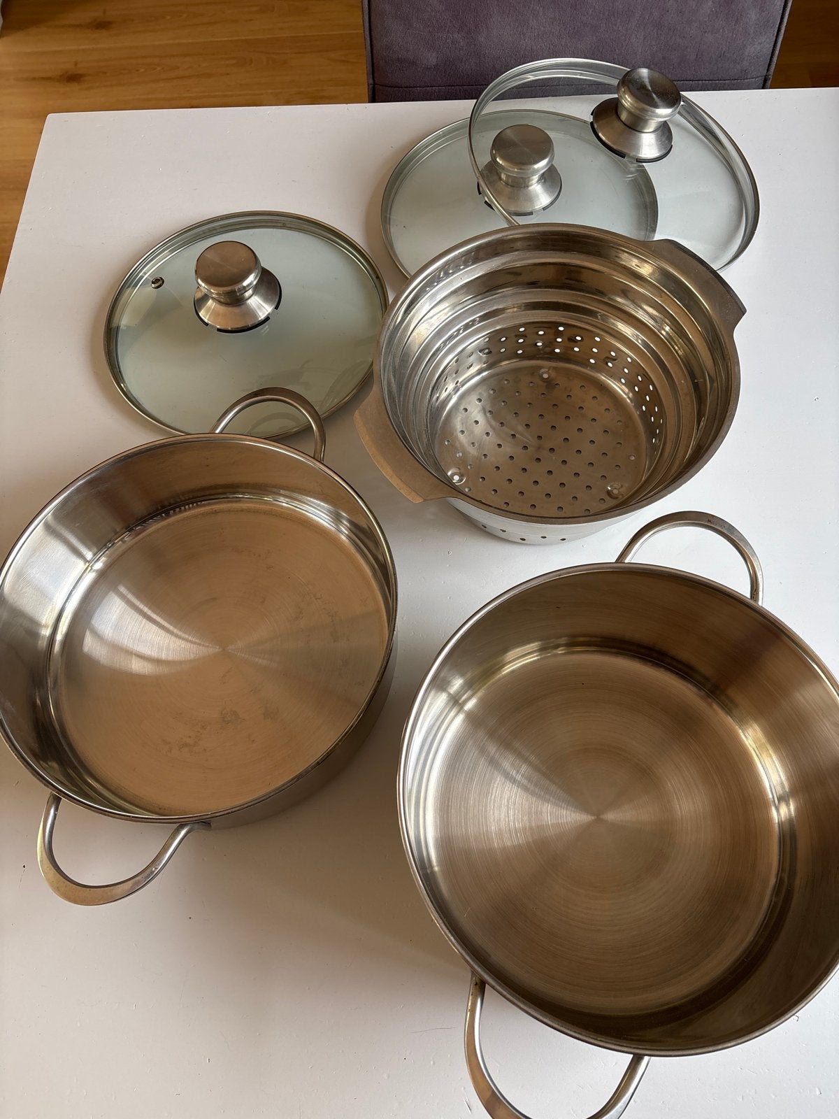 Grote Milonex pannen met deksel en stoom inzet (5,5L & 3,5L), Ophalen, Gebruikt, Met deksel, Pannenset