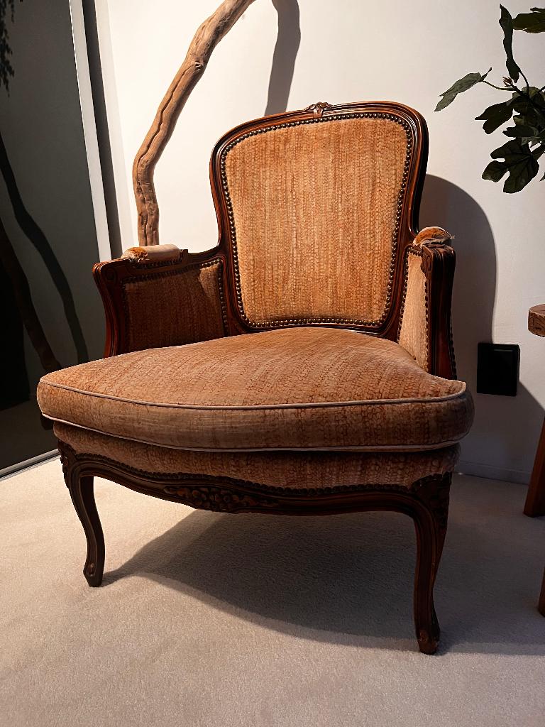 Fauteuil, stoel, hout en velours opknapper, vintage, Ophalen, Gebruikt, 75 tot 100 cm, Stof
