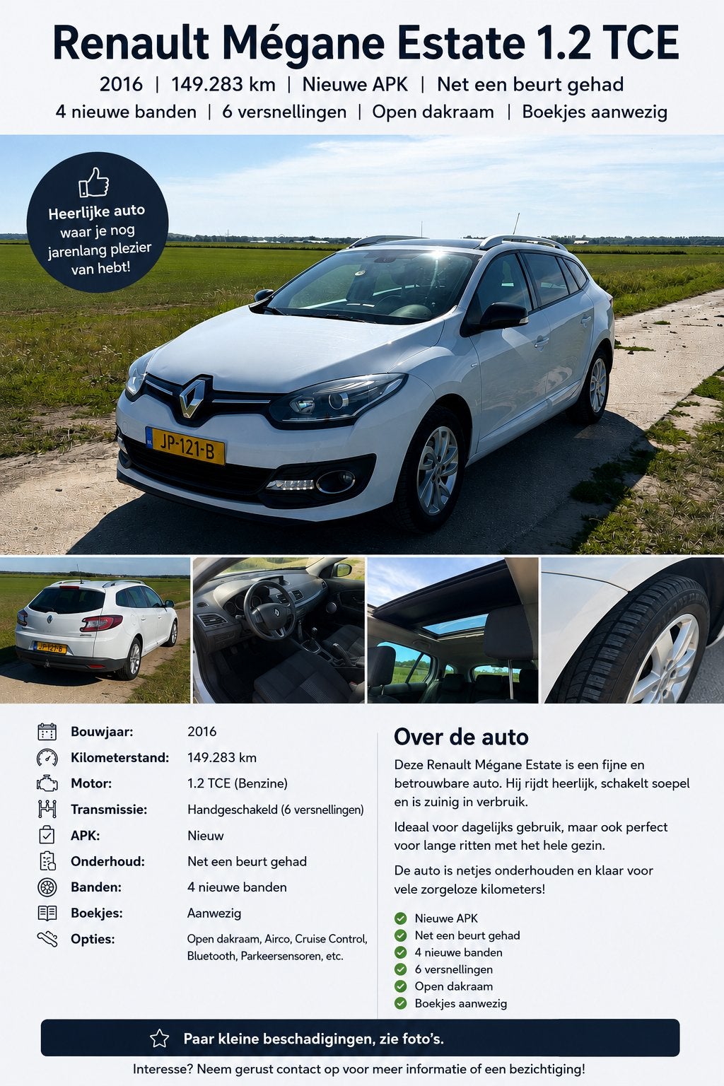 Renault Mégane 1.2 TCE 85KW Energy Estate 2016 Wit, Auto's, Voorwielaandrijving, 4 cilinders, Origineel Nederlands, Stationwagon