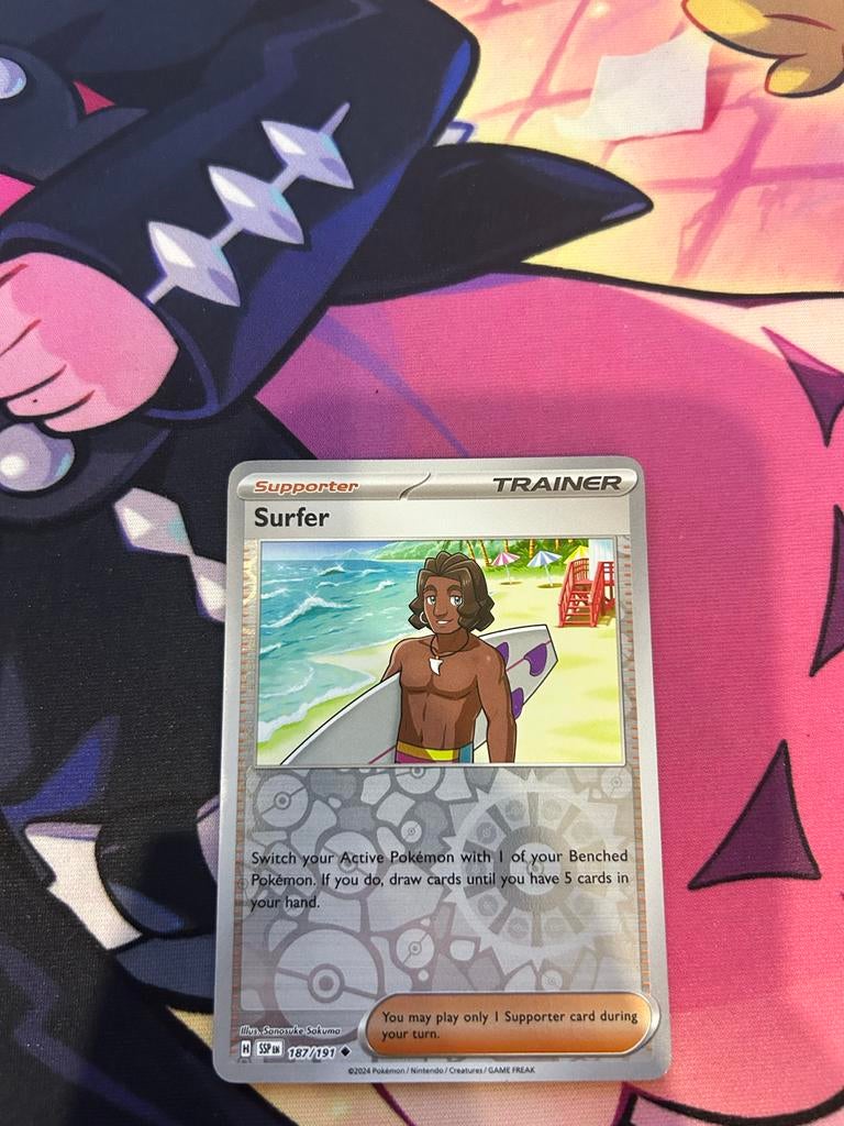 Pokemon Surfer 187/191 - Surging Sparks Trainer Kaart, Ophalen of Verzenden, Zo goed als nieuw, Losse kaart, Foil