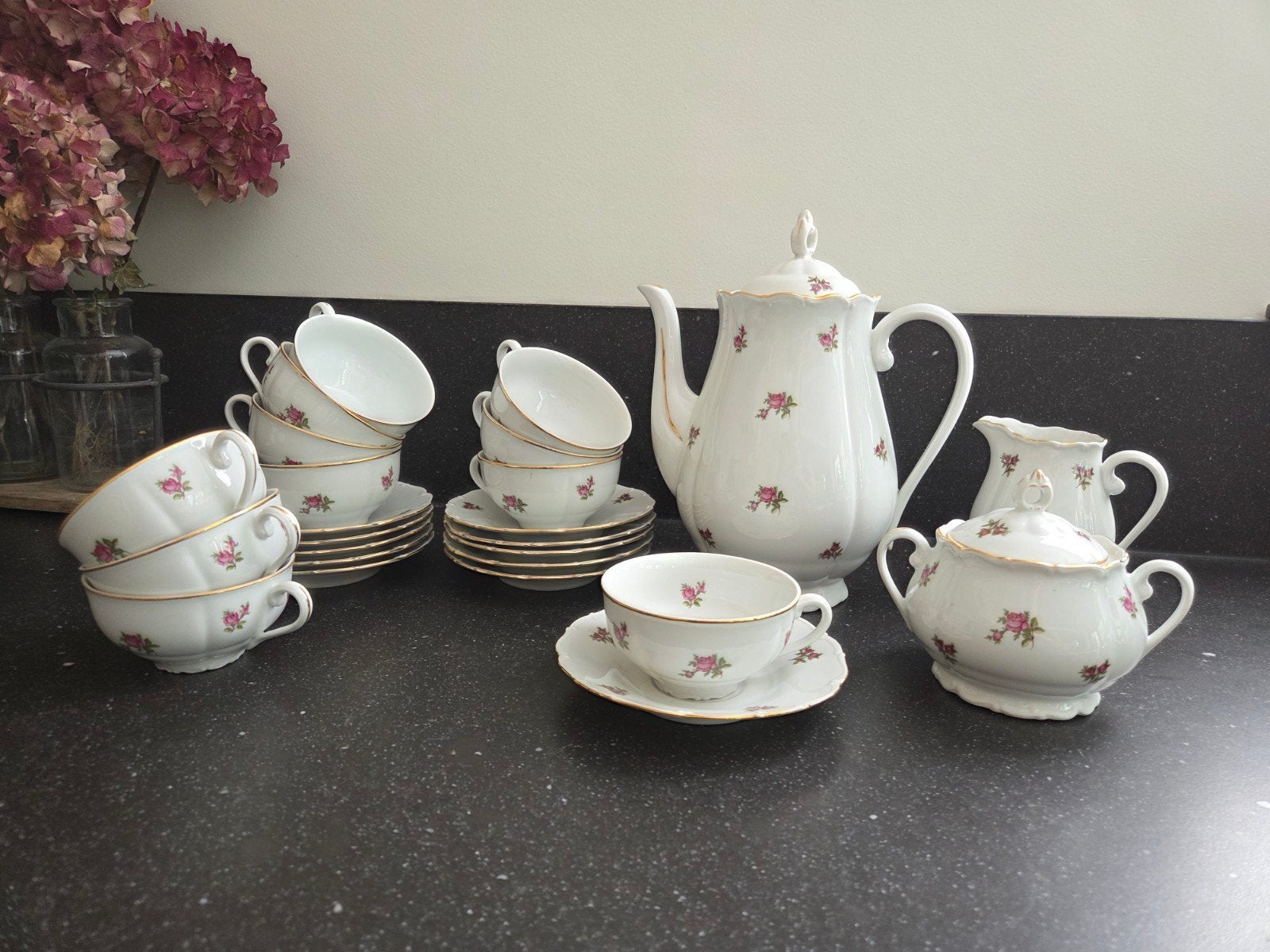 Vintage porseleinen theeservies - Tsjechoslowakije, Antiek en Kunst, Ophalen of Verzenden