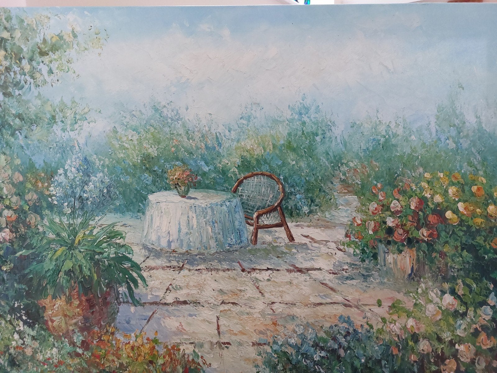 Schilderij: Terras in Bloeiende Tuin, 90x60 cm, Ophalen, Doek, Impressionistisch, Landschap