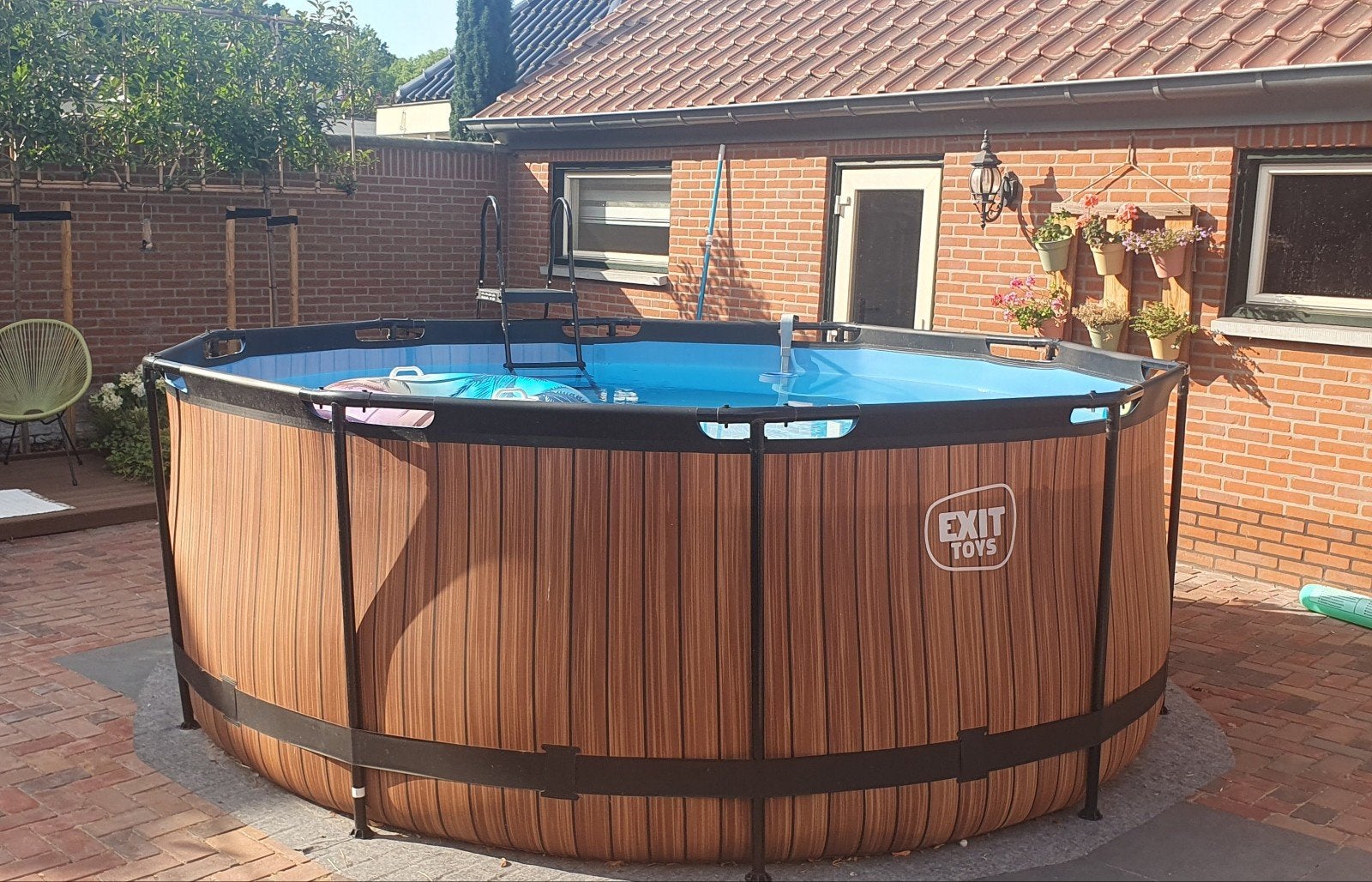 EXIT Wood Zwembad 360x122cm warmtepomp zoutwatersysteem, Rond, 300 cm of meer, Zo goed als nieuw, Opzetzwembad