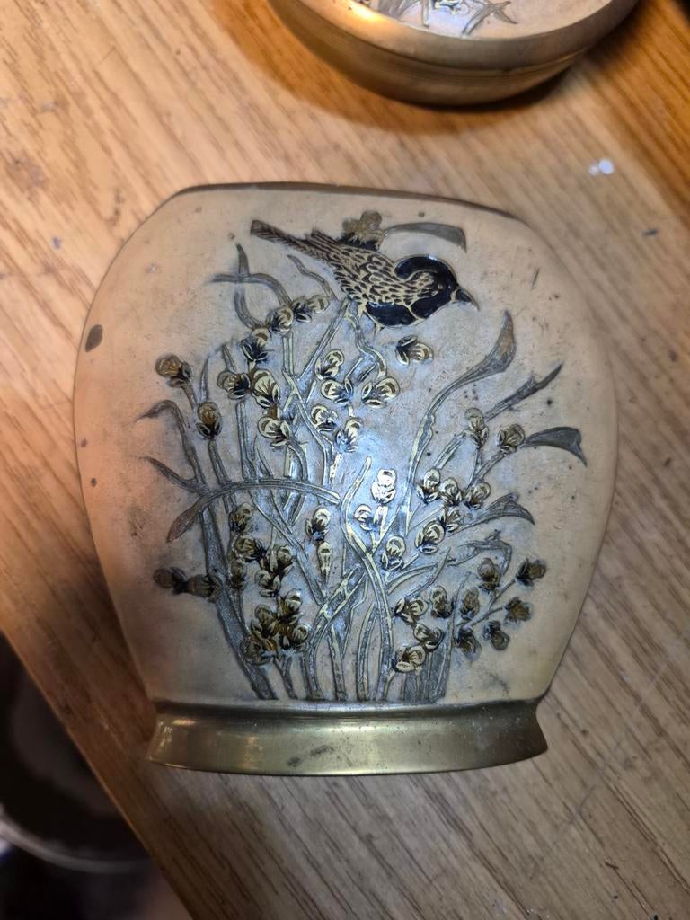 Vintage Japanse Cloisonné Vaas en Schaal met Vogeldecor, Ophalen of Verzenden