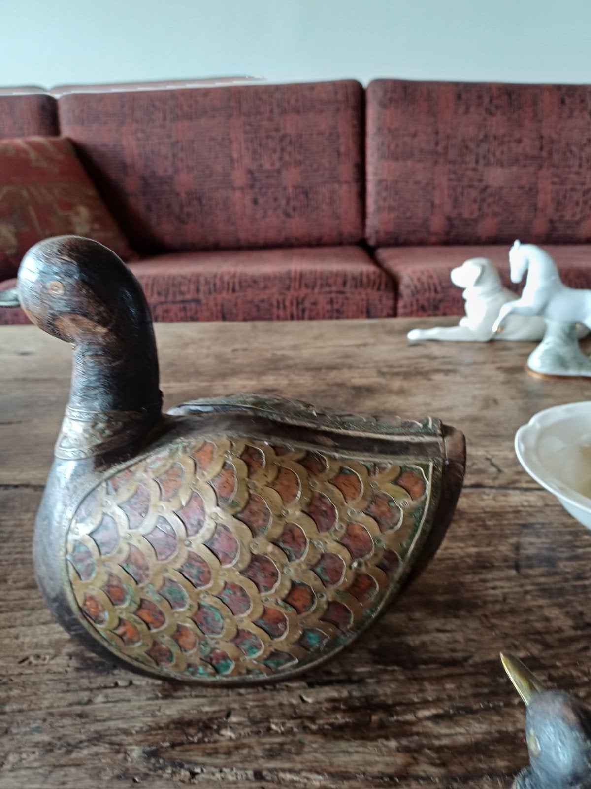 Grote Decoratieve houten eend met koperen details, Ophalen of Verzenden