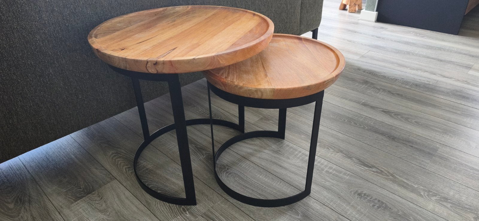 Salontafel set 2 - Metaal met Houten Blad, 50 – 75, Gebruikt, 50 tot 100 cm, Rond