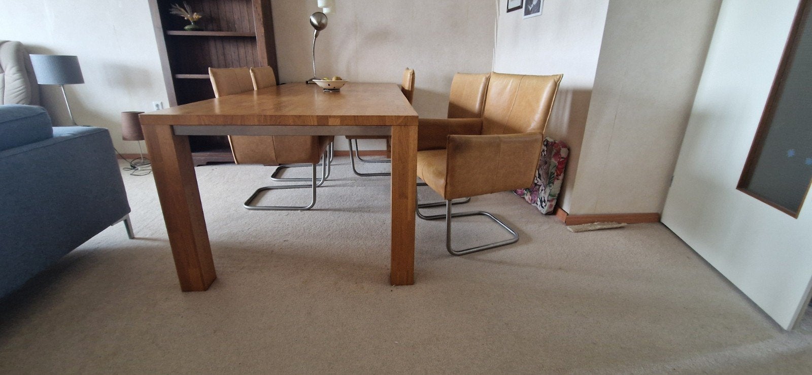 Eiken eettafel met 6 leren stoelen (220x100x76 cm), Ophalen, Gebruikt, 200 cm of meer, 50 tot 100 cm