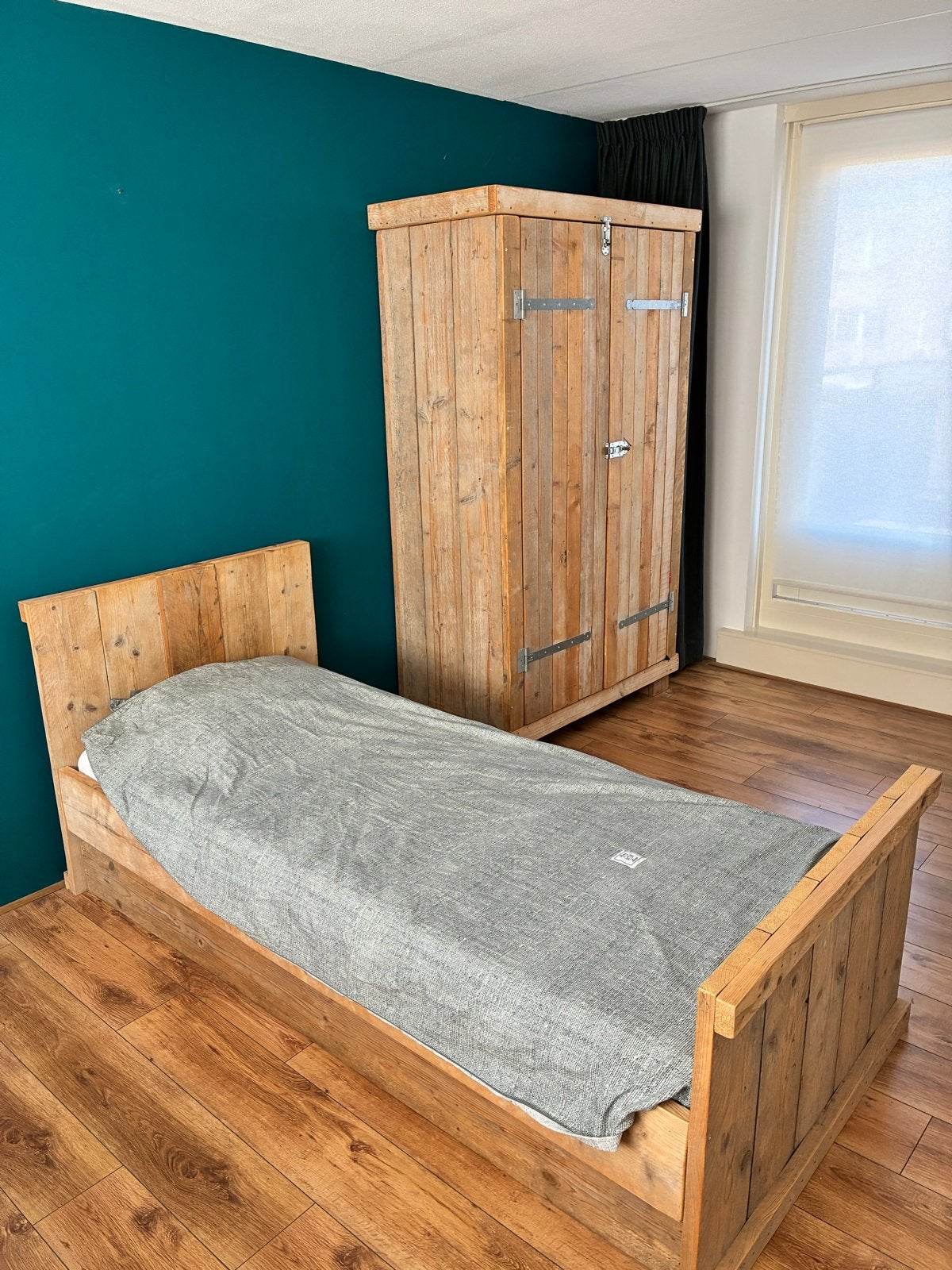Steigerhouten bed, kledingkast en bureau- Eenpersoons, 90 cm, Eenpersoons, Bruin, Steigerhout