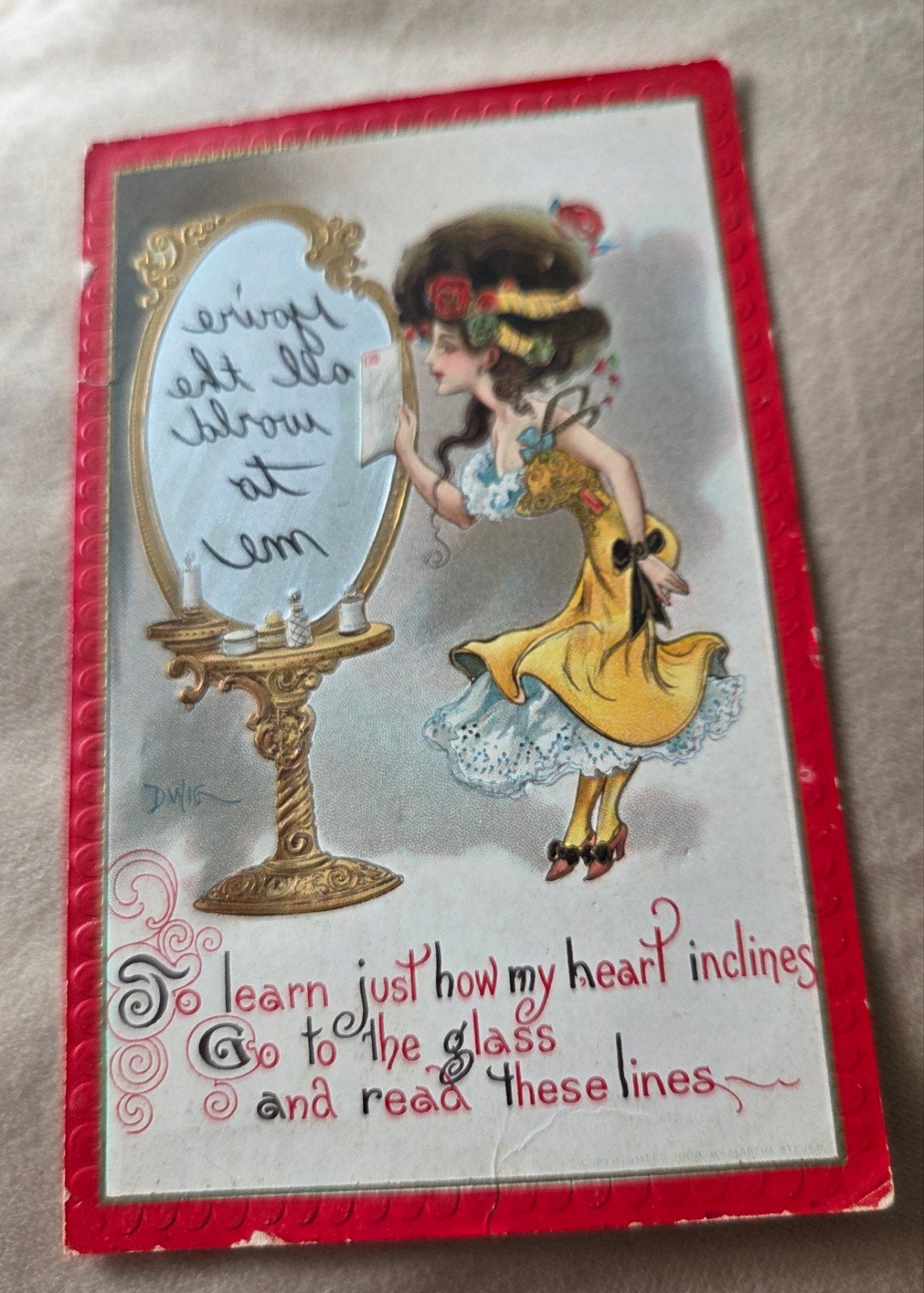 Antieke Ansichtkaart: Vrouw voor Spiegel, 1909, Verzenden, Voor 1920, Gelopen, Overige thema's