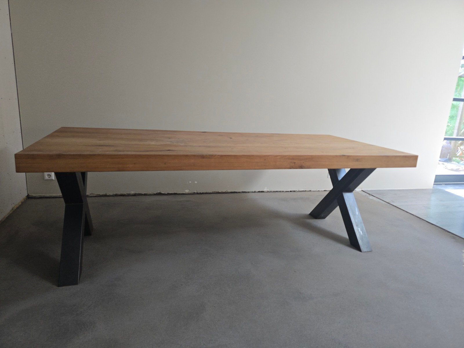 Grote eikenhouten eettafel met stalen poten 230x100, Ophalen, 100 tot 150 cm, 200 cm of meer, Industrieel, Modern