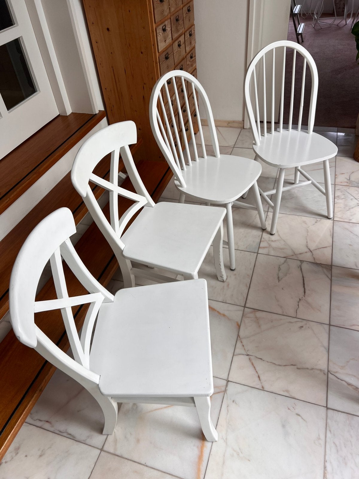 4 witte houten eetkamerstoelen, Ophalen, Gebruikt, Wit, Vier