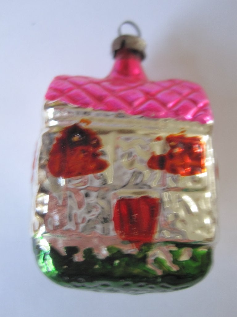 ( 22) Antiek vintage oude kerstbal: gekleurd Huisje dak roze, Ophalen of Verzenden, Gebruikt