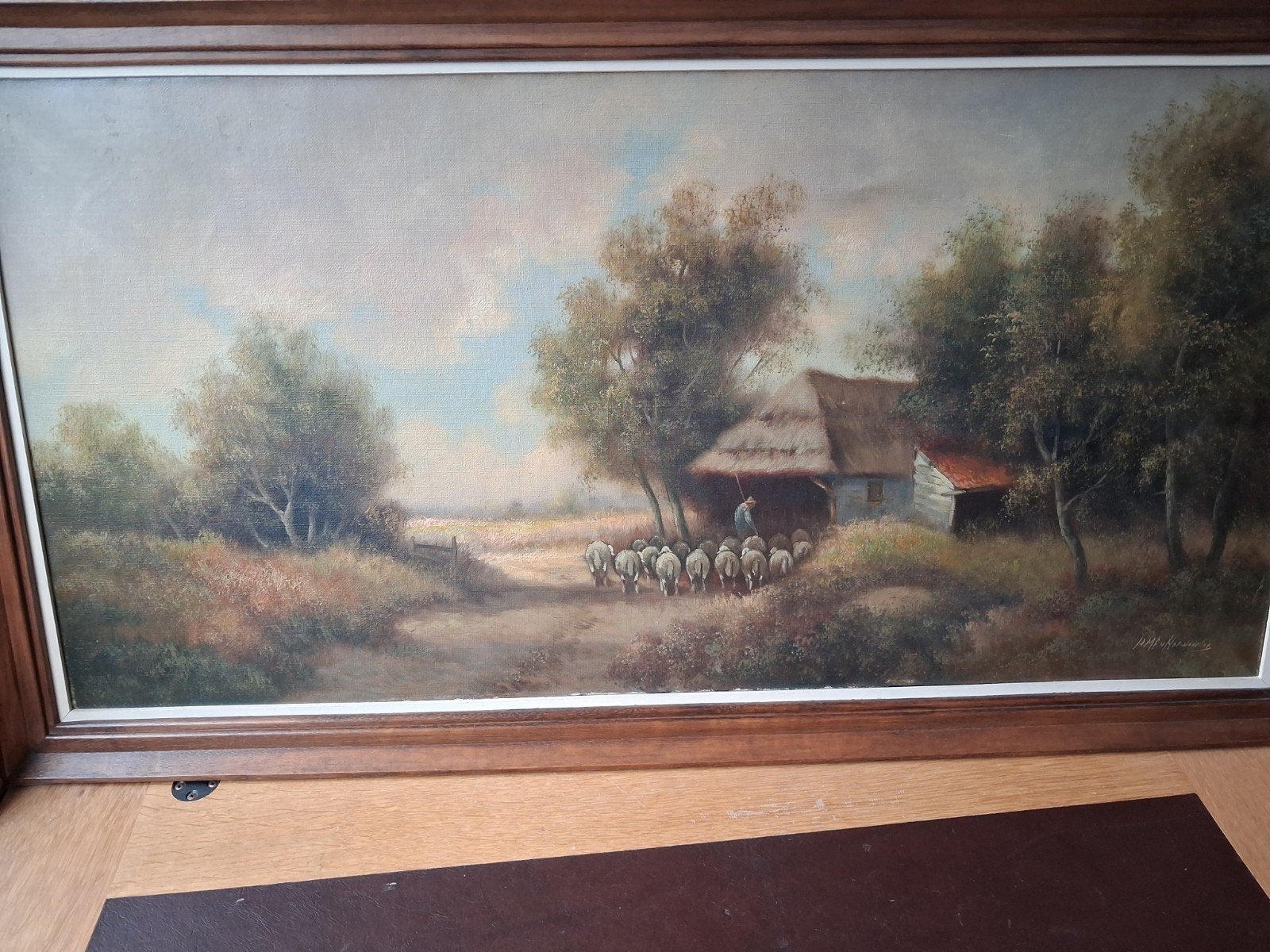 Schapen gaan kooi in.P.M.F. v Herwaarden.1882-1943., Antiek en Kunst, Ophalen, Nederlandse school, Doek, Olieverf