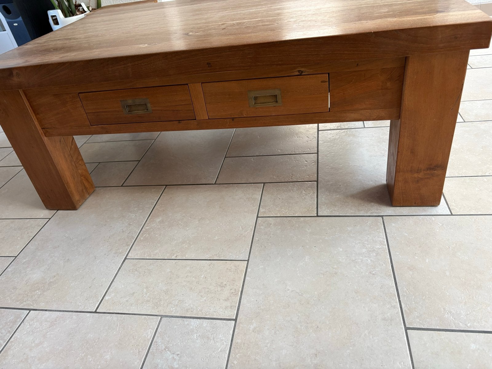Handgemaakte Oosterse Teak Salontafel met 2 Lades, Ophalen, Zo goed als nieuw, Teakhout, 100 tot 150 cm