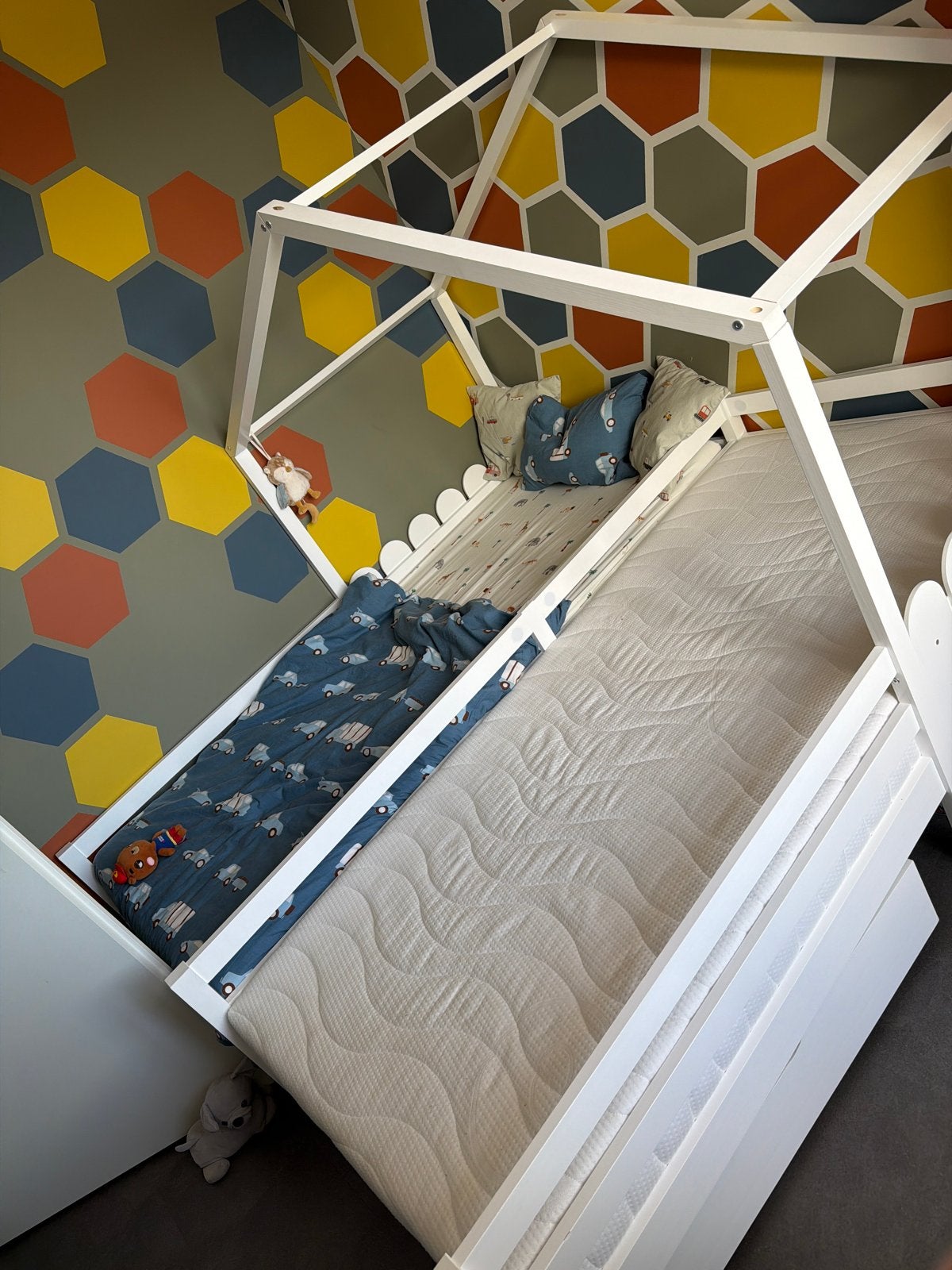 Huisbed met lades en hekjes - Wit excl matrassen, Ophalen, 90 cm, Wit, Tweepersoons