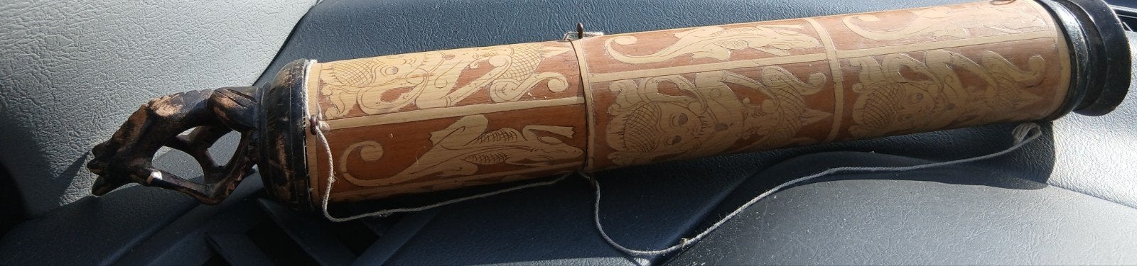 Unieke Bamboe Koker met Houtsnijwerk - Indonesië, Hout, Bruin, Overige typen, Ophalen of Verzenden