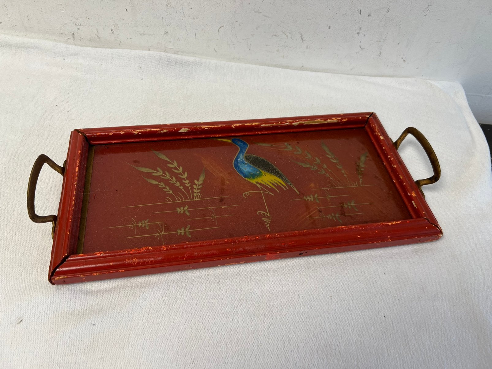 Te Koop : Houten Dienblad Chinees Beschilderd Kraanvogel, Ophalen of Verzenden, Gebruikt, Rechthoekig, Hout