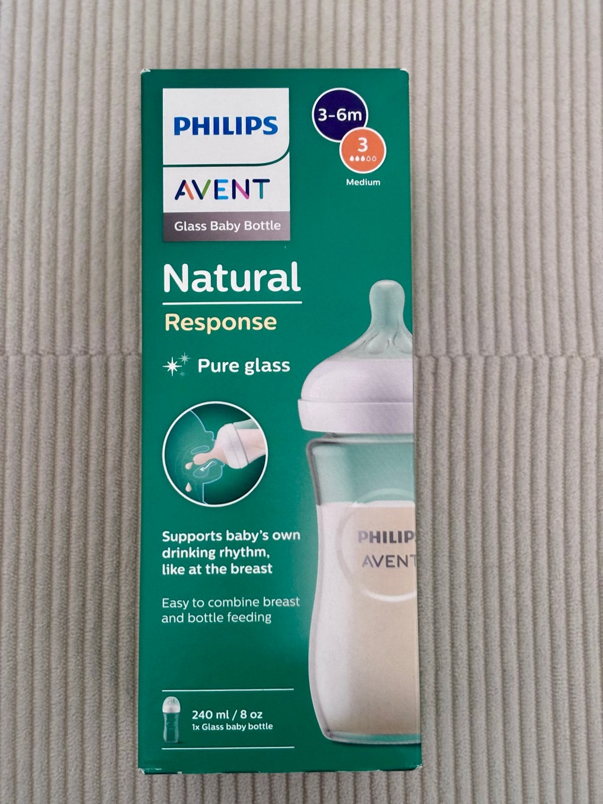 Philips Avent Natural Response Glazen Babyfles 240ml, Kinderen en Baby's, Babyvoeding en Toebehoren, Ophalen, Nieuw, Babyfles
