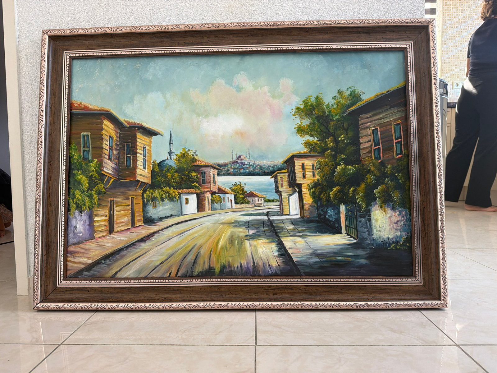 Olieverfschilderij: Stadsgezicht aan het water, Ophalen, Doek, Realistisch, Handgeschilderd
