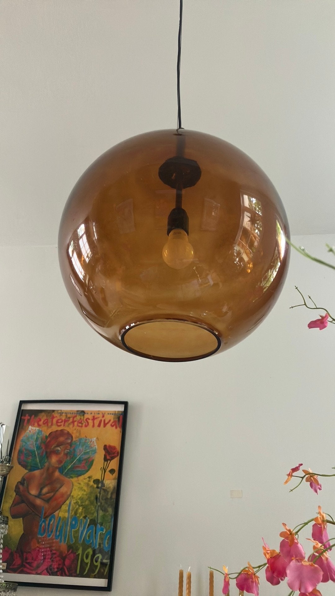 Glazen retro hanglamp te koop, Ophalen, Zo goed als nieuw, Glas
