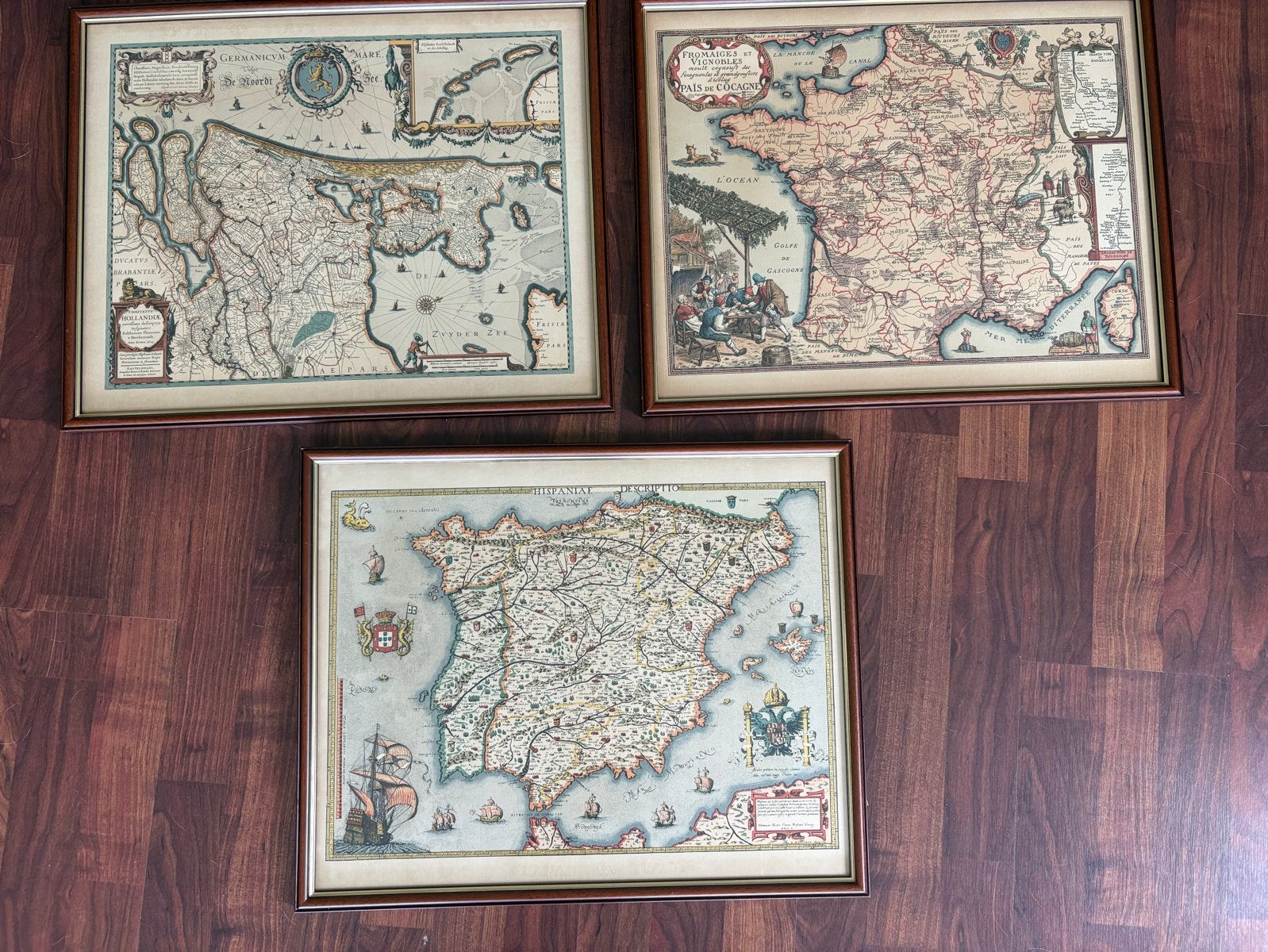 Set van 3 ingelijste antieke landkaarten, 42x52 cm, Ophalen, Voor 1800, Nederland, Landkaart