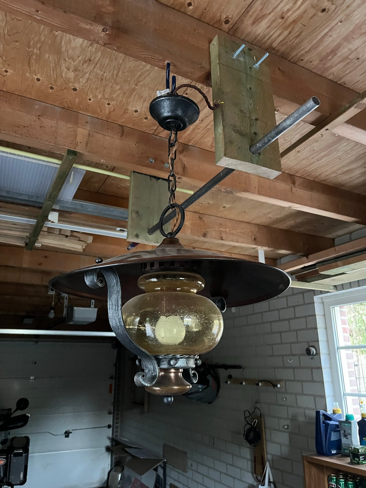 koperen hanglamp met amberkleurig glas, Ophalen, Glas