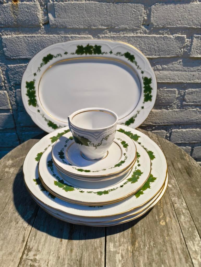 Vintage porseleinen servies met druivenblad decor, Antiek en Kunst, Antiek | Servies compleet, Ophalen of Verzenden