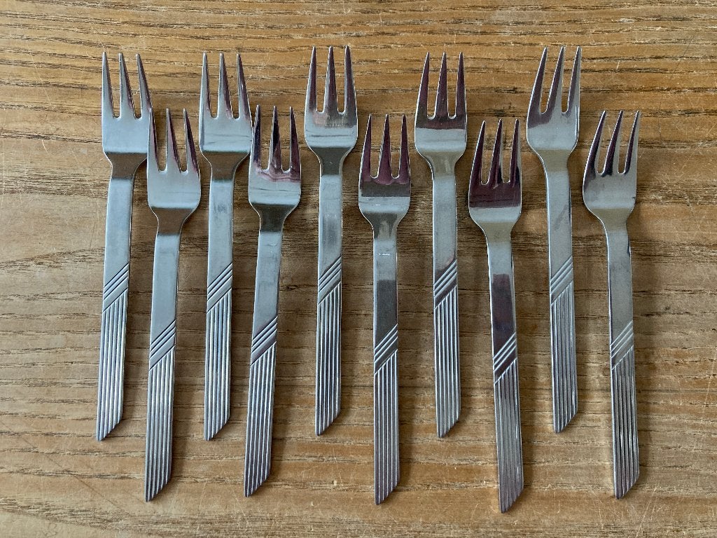 10 Vintage gebaksvorkjes Orion Oxford Hall asymmetrisch, Ophalen of Verzenden