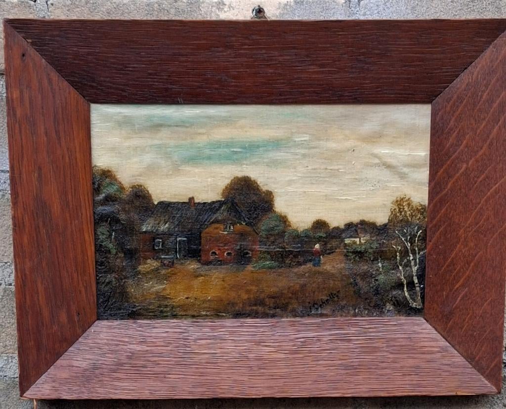 J. Scholten, Boerenhoeve. Ca 1900. Marouflage. 34/26 cm., Ophalen, Minder dan 50 cm, Gebruikt, Oorspronkelijke maker