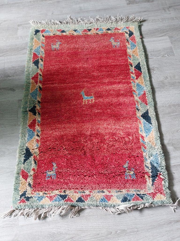 Vintage rood vloerkleed met dierenmotief, Ophalen, Vintage, Bohemien, Etnisch, Gebruikt, 100 tot 150 cm