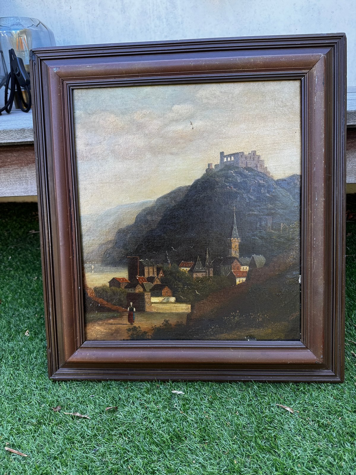 Schilderij met berg heuvel dorp kerk, Ophalen