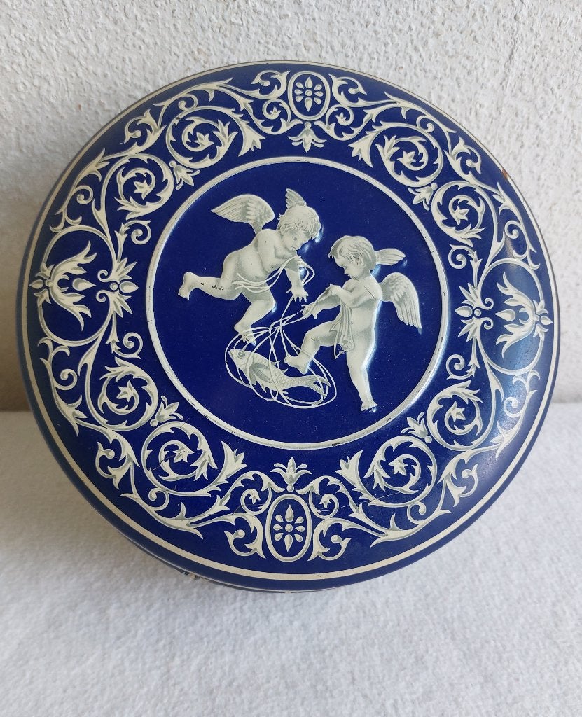cherubijntjes jaren 60 Koektrommel blik blauw wit, Ophalen, Zo goed als nieuw, Koek(jes), Overige merken