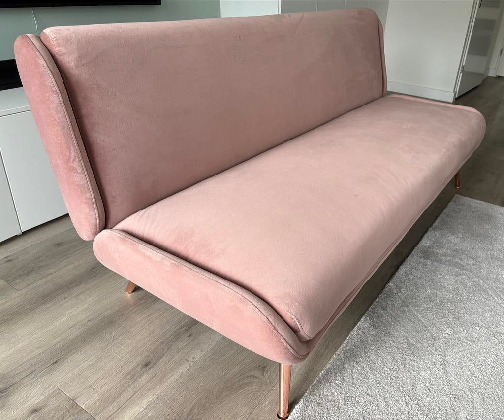 Moby slaapbank Made vintage roze fluweel en koperen poten, Ophalen, Overige kleuren, 190 cm of minder, Zo goed als nieuw