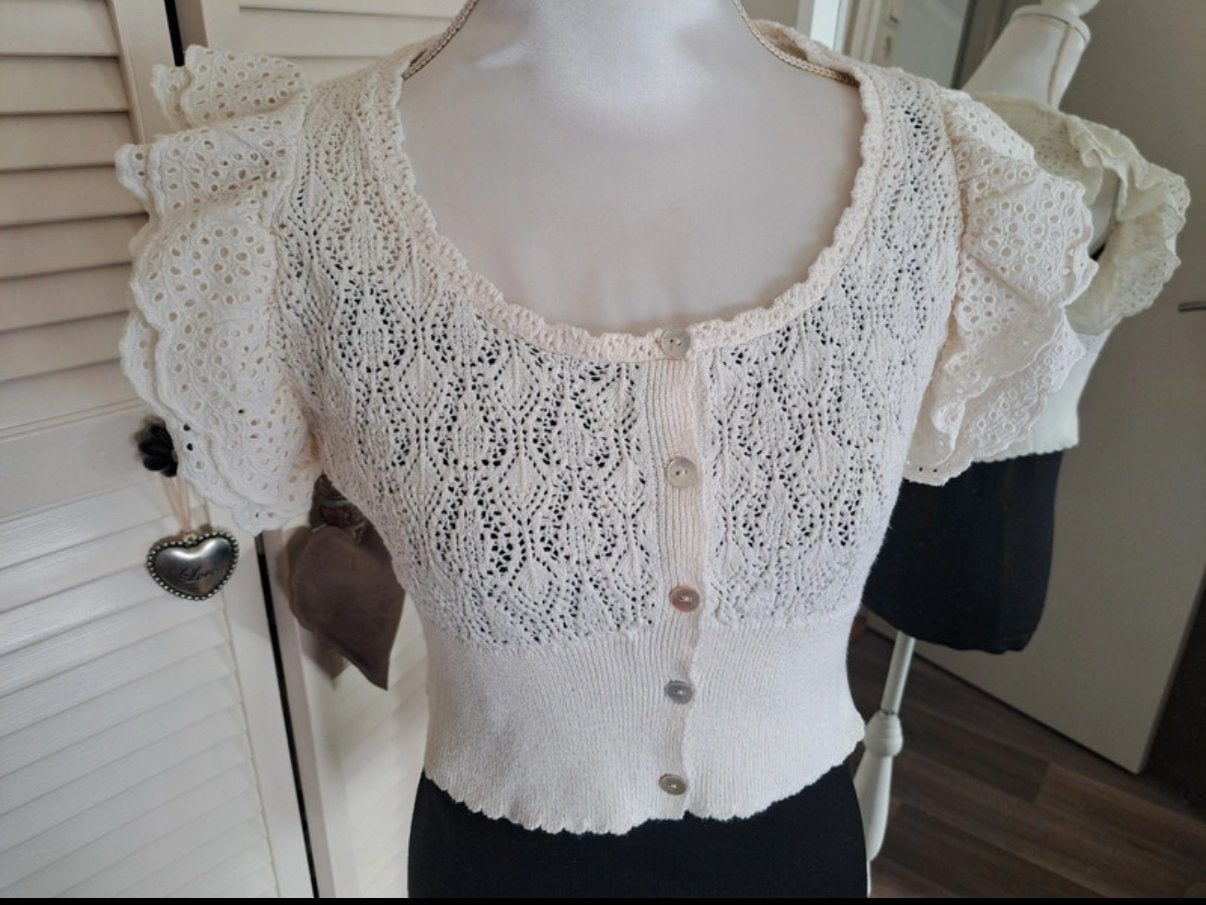 Zara Crème Gehaakte Top met Ajour Details - Maat M, Maat 38/40 (M), Beige, Ophalen of Verzenden, Korte mouw